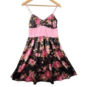Vtg XOXO Y2k Fit Flare Satin Dress Floral Sweetheart SIZE 7 JRS Whimsy Pink Blk